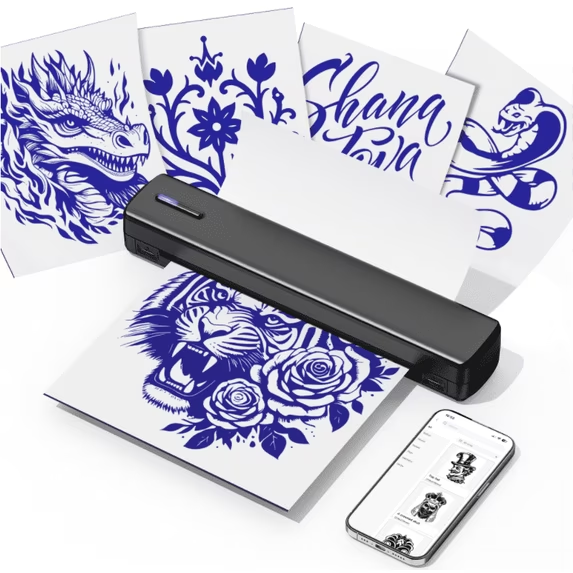 Inkless A4 Thermal Printer, Tattoo Transfer Printer with 10 Sheets of Transfer Paper, Portable Wireless Tattoo Printing Machine Compatible with Smartphones and Tablets
