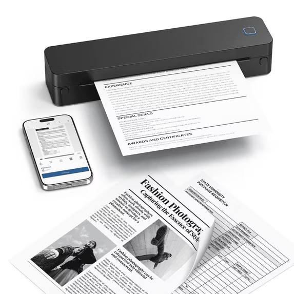 The D830 portable wireless thermal printer includes 3 rolls of paper and a carrying case, making it suitable for travel and office use. It features thermal paper, inkless printing.