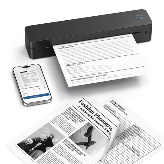 The D830 portable wireless thermal printer includes 3 rolls of paper and a carrying case, making it suitable for travel and office use. It features thermal paper, inkless printing.
